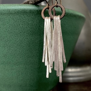 Handmade Earrings. Art Deco. Chandelier, Waterfall. Hand Forged, Hammered Sterling Silver With Antique Brass Accent And Earwire.
