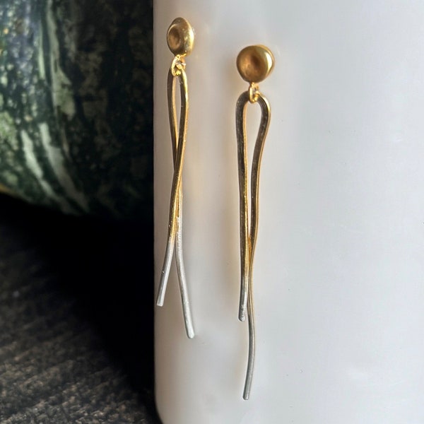 Hand Forged Earrings. Dangle. Hammered. Brutalist. Simple Elegance. Graceful. Long. 24karat Gold Vermeil.