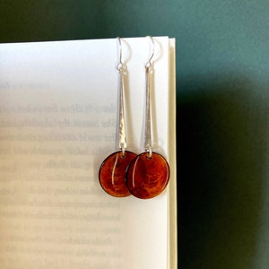 Handmade Dangle Earrings. Hand Forged Hammered Oxidized Sterling Silve With Vintage Round Disc Amber Lucite Bead.