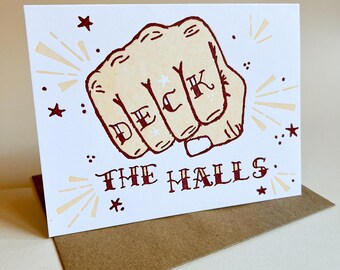 Deck the Halls Karte, lustige Weihnachtskarte, Tattoo Weihnachtskarte, Letterpress Grußkarte