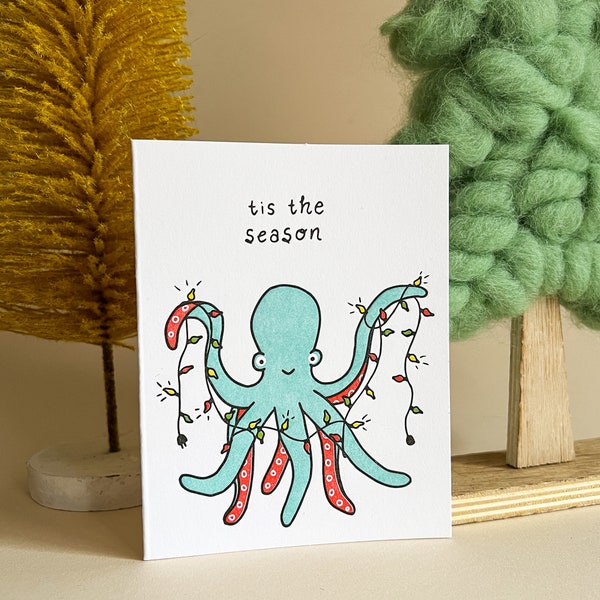 Christmas Octopus, Holiday Octopus Card, Funny Holiday Card, Cute Animal Card, Letterpress Greeting Card