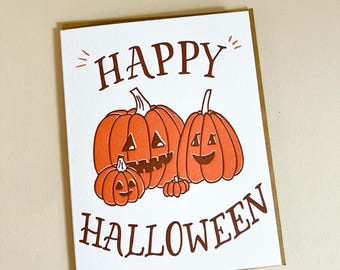 Glückliche Halloween-Karte, niedliche Kürbis-Familie Karte, Letterpress Grußkarte
