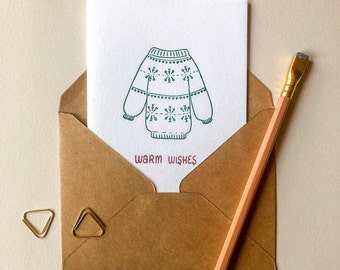 Warm Wishes Card, Sweater Card, Holiday Card, Greeting Card, Letterpress, Letterpress Greeting Card, Christmas Card