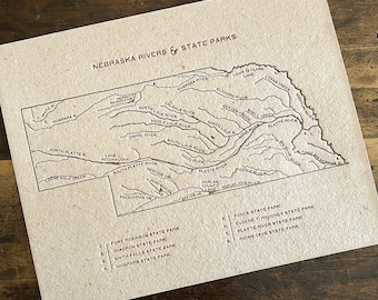 Nebraska Rivers & State Parks Map 8x10 Letterpress Print