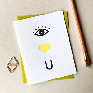 Eye Heart U, Valentinstag, Grußkarte, Letterpress Karte, Liebeskarte