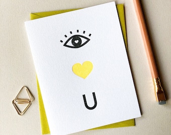 Eye Heart U, Tarjeta de San Valentín, Tarjeta de felicitación, Tarjeta tipográfica, Tarjeta de amor
