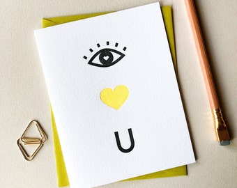 Auge Herz U, Valentinstagskarte, Grußkarte, Letterpress Karte, Liebeskarte