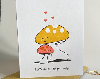 Je serai toujours votre bébé, Champignons, Carte de vœux, Carte typographique, Carte mignonne, Carte de fête des Mères