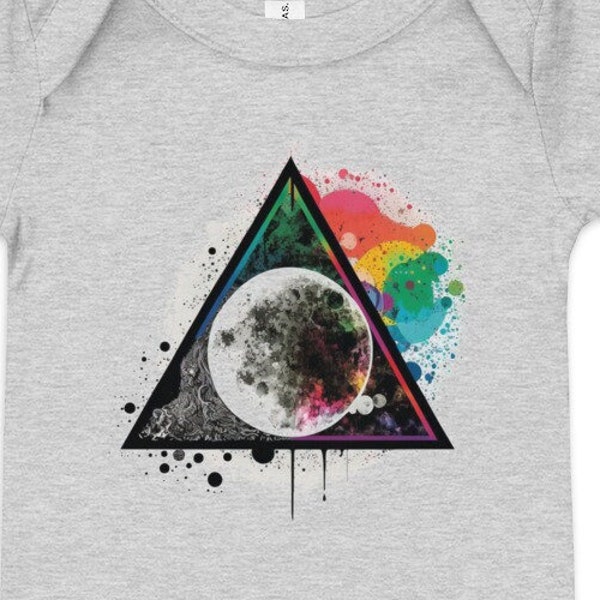 Pink Floyd Baby Onesie with abstract Dark Side of the Moon graphic, grunge