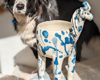 Tall Llama Plant Pot Splashed With Blue Love