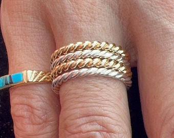 Handmade Solid Gold And Silver Two Tone Stacking Ring Set: 2mm Round & Double Twisted 10K Solid Gold and Silver Rings/Bands Set of 4