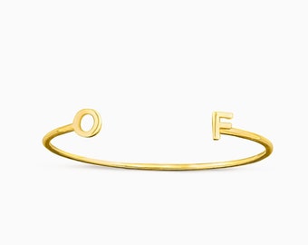 14K Solid Gold(Not Hollow) Initial Cuff Bangle 2.00 mm. Round Wire(6 to 8 GRAM) Stacking Bangle Bracelet Yellow, White or Rose Gold Handmade