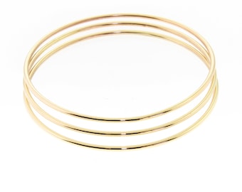 10K Solid Gold(Not Hollow) 2.00 mm. Round Wire (18 to 25 grams) Stacking Bangle Bracelet Set of 3, Yellow, White, or Rose Gold, Handmade