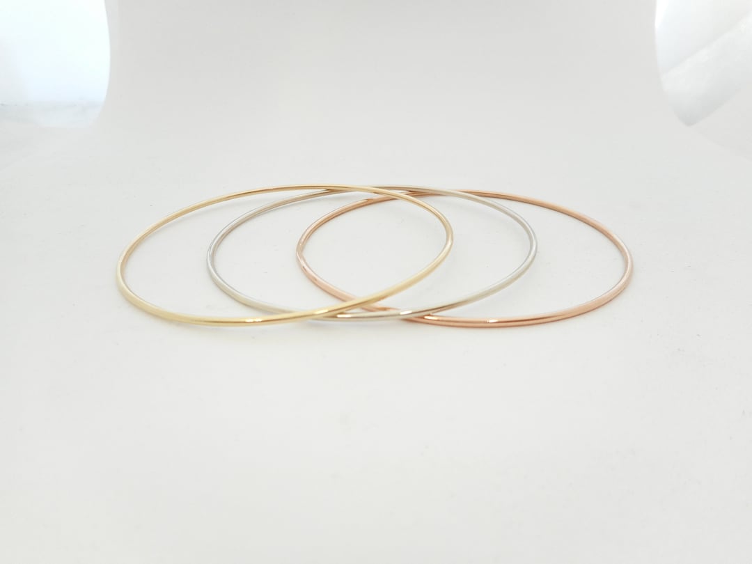 1.50mm Solid Gold(Not Hollow) 10 K or 14 K Round Wire (3.5 to 5.5 grams) Stacking Bangle Bracelet, White, Yellow, Rose Gold, Handmade