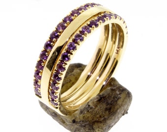 Amethyst Half Eternity Rings with 1.60 mm Gold Band (set of 3 ring), Wedding Bands, Stacking Rings, U Pave setting, 14 K. Gold