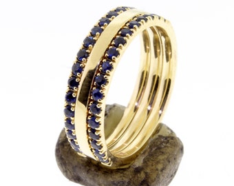 Blue Sapphire Half Eternity Rings with 1.60 mm Gold Band (set of 3 ring), Wedding Bands, Stacking Rings, U Pave setting, 14 K. Gold