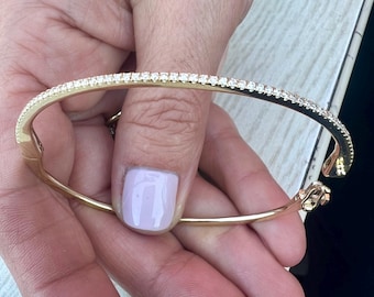 10K Or 14K Solid Gold(Not Hollow) Oval Shape Bangle Bracelet with Closure & Micro pave Diamond Stones, White,Yellow or Rose Gold Made in U.S