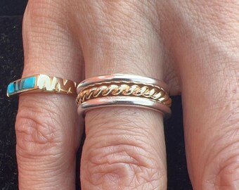 Handmade Solid Gold And Silver Two Tone Stacking Ring Set: 2mm Round & Double Twisted 10K Solid Gold and Silver Rings/Bands Set Of 3