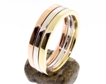 Tri Color 14 K. Solid Gold Comfort Fit 1.6 mm. Band Set or Stacking Ring Set 14 K Rose, Yellow, or White Gold Hand Made in U.S.