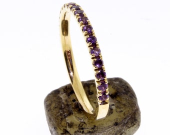 Half Eternity Amethyst Gemstone Wedding Band or Stacking Rings, Comfort Fit, U Pave Setting, 14 K. White, Yellow, Rose Gold Handmade in U.S.