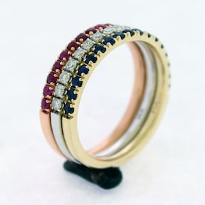 Ruby, Blue Sapphire, and Diamond Half Eternity Ring Set(3 piece) or Stacking Rings Two Tone,Comfort fit, U Pave setting,14 K. Gold, Handmade