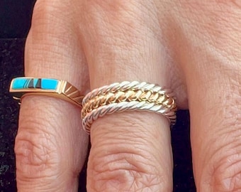 Handmade Solid Gold And Silver Two Tone Stacking Ring Set: 2mm Round & Double Twisted 10K Solid Gold and Silver Rings/Bands Set Of 3