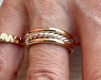 Handmade Solid Gold And Silver Two Tone Stacking Ring Set: 2mm Round & Double Twisted 10K Solid Gold and Silver Rings/Bands