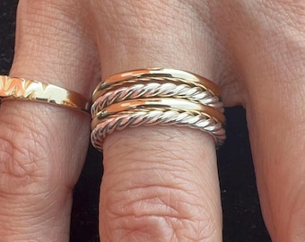 Handmade Solid Gold And Silver Two Tone Stacking Ring Set: 2mm Round & Double Twisted 10K Solid Gold and Silver Rings/Bands Set of 4