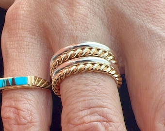 Handmade Solid Gold And Silver Two Tone Stacking Ring Set: 2mm Round & Double Twisted 10K Solid Gold and Silver Rings/Bands Set of 4