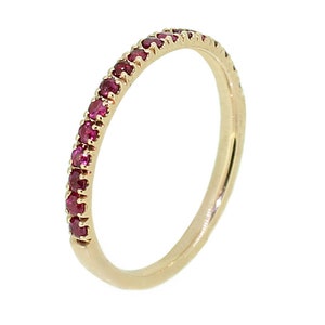 Half Eternity Ruby wedding band or stacking rings,comfort fit, U pave setting,14 K. white,yellow or pink(rose)gold Handmade in U.S.
