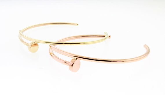 14 K. Solid Gold (Not Hollow) 2.00 mm. or 2.50 mm. Cuff Nail Design Bangle Bracelet White, Rose, or Yellow Gold, Handmade