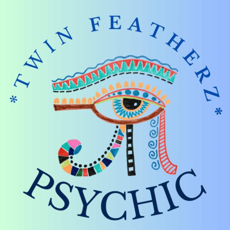 May include: A colorful illustration of an eye with a stylized design, surrounded by the text "Twin Featherz Psychic".