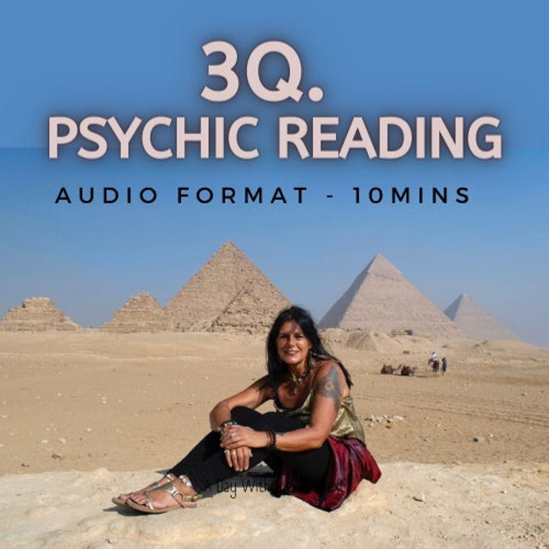May include: A woman sits in front of the pyramids in Egypt. The text on the image reads "3Q. PSYCHIC READING AUDIO FORMAT - 10 MINS".
