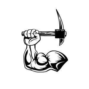 May include: Black and white illustration of a muscular arm holding a pickaxe. The arm is flexed, showing the strength of the person holding the tool.