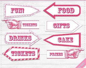 Pink Glitter Carnival Party Signs Printable- Editable Text PDF- Instant Download- Personalize at home with Adobe Reader- Stripes
