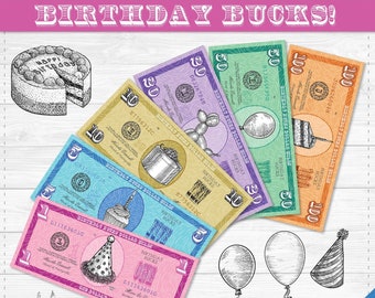 Birthday Bucks - Play Money - Instant Download PDF File - School Party -  Editable Text File - Student Teacher Reward System - Home Fun
