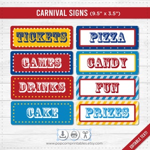 Carnival Party Signs Printable- Editable Text PDF- Instant Download- Personalize at home with Adobe Reader- Red White & Blue- Dots - Stripes