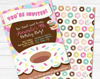 Donut Invitations - Printable- Editable Text PDF- Instant Download- Personalize at home w/ Adobe Reader- Cute Pink Chocolate Sprinkles