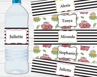 Stripes and Floral Water Bottle Wrappers - Printable- Instant Download- Black and White, Flowers, Modern