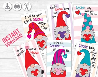 Printable Valentine's Day Card - Gnomes - Small Size - PDF- Instant Download- Print at Home - Student Teacher Classroom - Love - Print Out