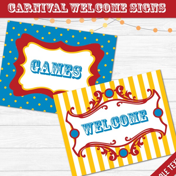 Carnival Party Signs Printable- Editable Text PDF- Instant Download- Personalize at home with Adobe Reader- Red White & Blue- Dots - Stripes