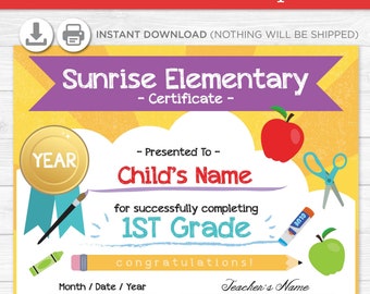 Elementary School Graduation Diploma Certificate - Kindergarten - Instant Download PDF File -  Fully Editable Text File- Student - Teacher