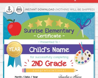 Elementary School Graduation Diploma Certificate - Kindergarten - Instant Download PDF File -  Fully Editable Text File- Student - Teacher