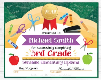 Elementary School Graduation Diploma Certificate - Kindergarten - Instant Download PDF File -  Fully Editable Text File- Student - Teacher