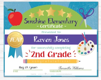 Elementary School Graduation Diploma Certificate - Kindergarten - Instant Download PDF File -  Fully Editable Text File- Student - Teacher