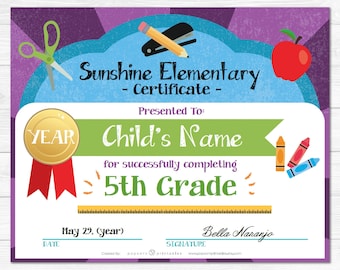 Elementary School Graduation Diploma Certificate - Kindergarten - Instant Download PDF File -  Fully Editable Text File- Student - Teacher