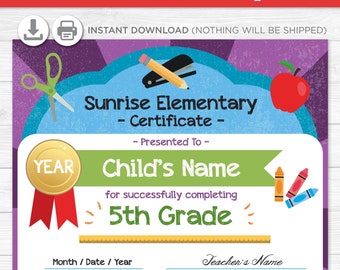 Elementary School Graduation Diploma Certificate - Kindergarten - Instant Download PDF File -  Fully Editable Text File- Student - Teacher