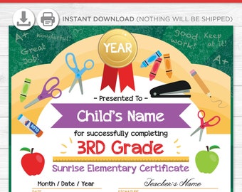 Elementary School Graduation Diploma Certificate - Kindergarten - Instant Download PDF File -  Fully Editable Text File- Student - Teacher