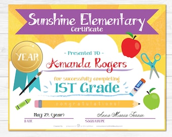 Elementary School Graduation Diploma Certificate - Kindergarten - Instant Download PDF File -  Fully Editable Text File- Student - Teacher