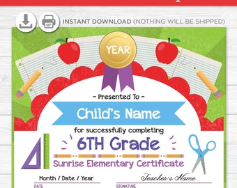 Elementary School Graduation Diploma Certificate - Kindergarten - Instant Download PDF File -  Fully Editable Text File- Student - Teacher